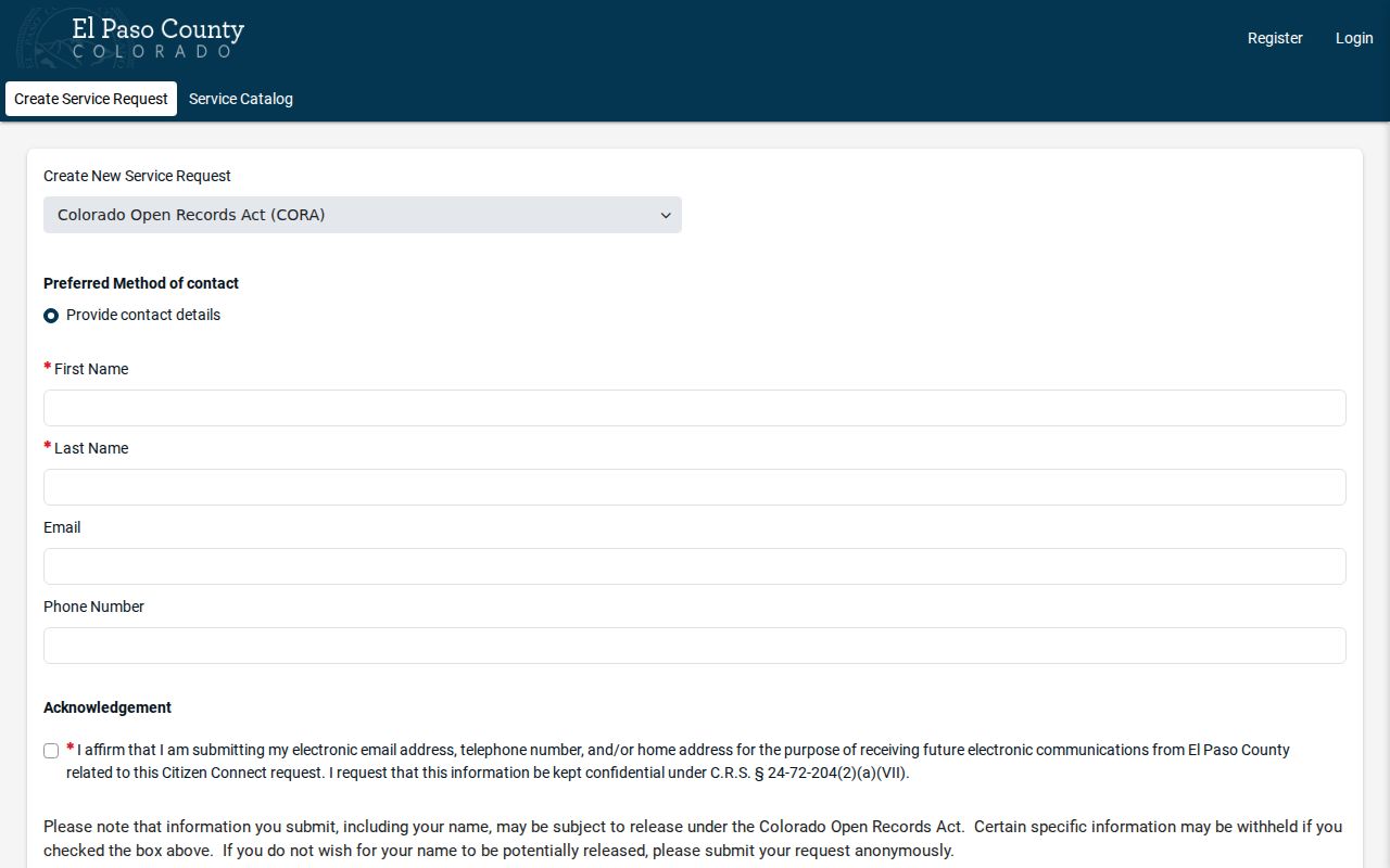 El Paso County residents directory CORA records request portal
