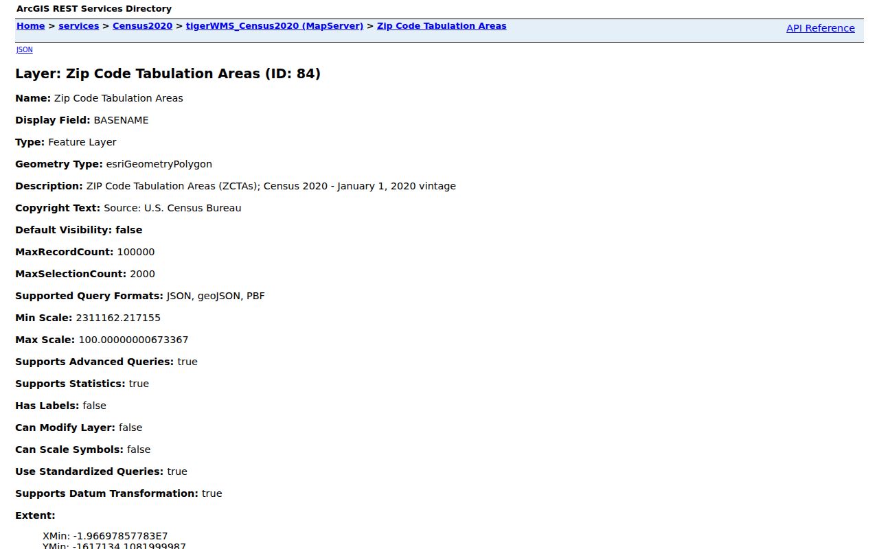 El Paso County ZIP code directory TIGERweb ZCTA layer